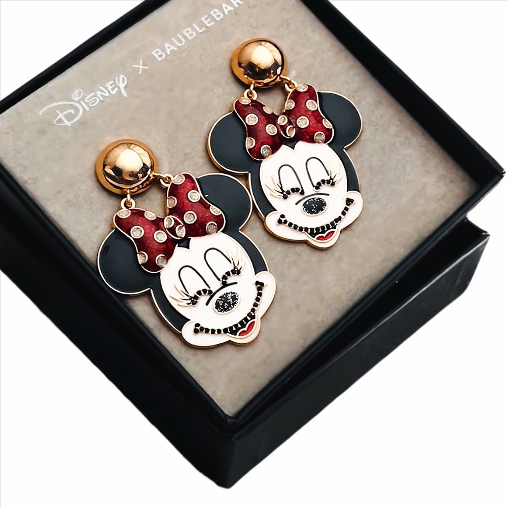 Disney x Baublebar Minny Mouse Earrings New in Bow Gold Rhinestones Dangle Bow